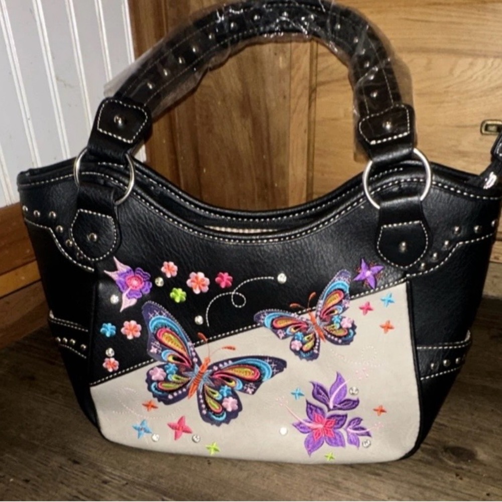 Elegant Black and Cream Butterfly Embroidered Shoulder Bag